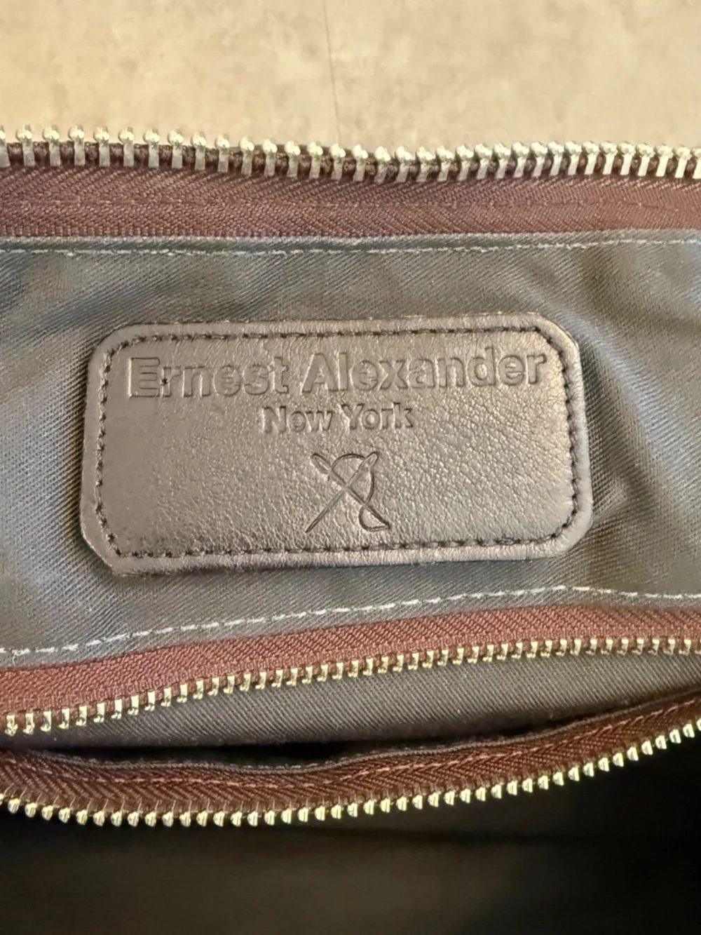 Ernest Alexander Varick gray twill canvas briefcase, dark brown leather